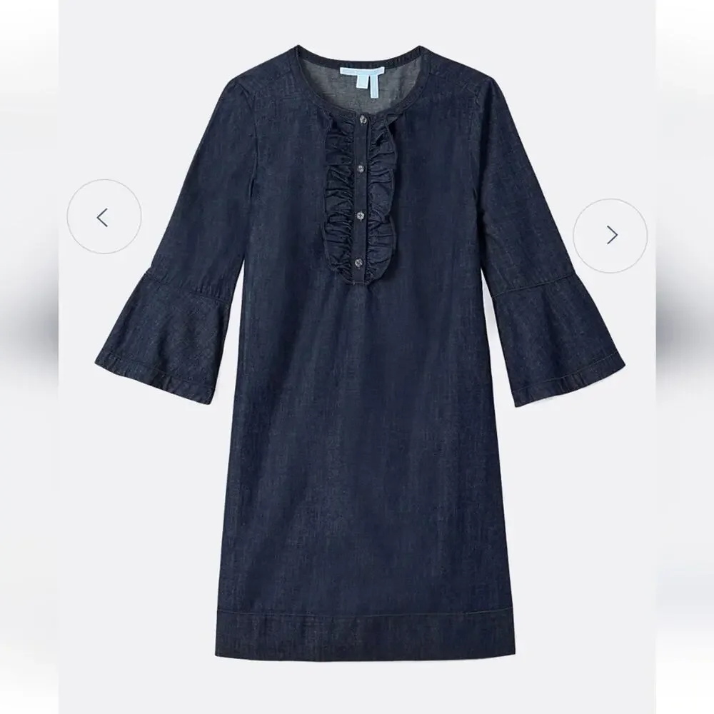 Draper James Denim Chambray Cotton Shift Dress with Ruffle Neckline Size 0